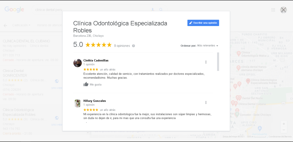 reseñas clinica dental - agencia de marketing digital en chiclayo